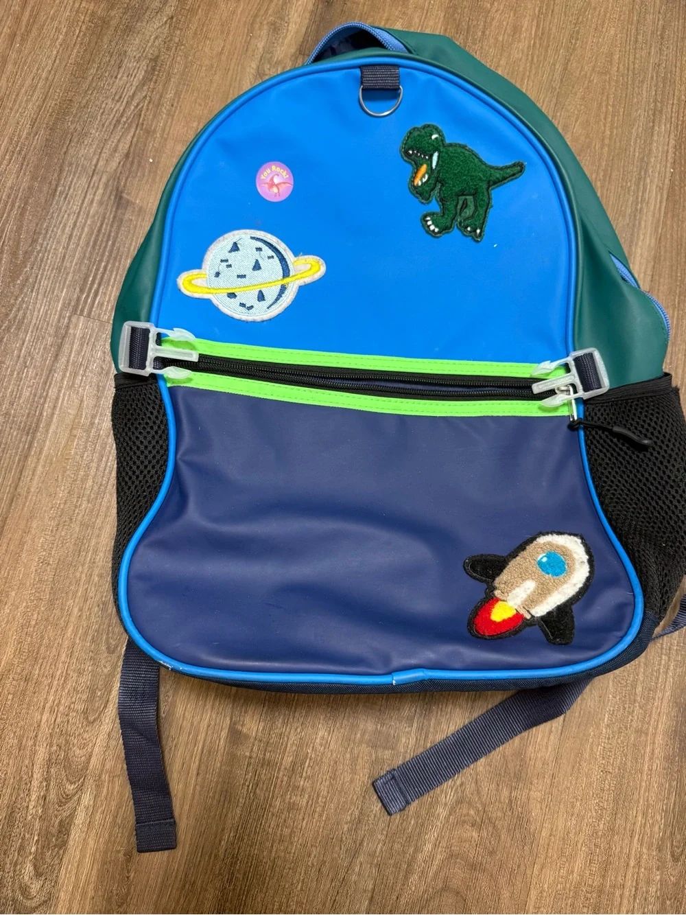 School Yard Vibes Kids Dinosaur Space Rocket Backpack Blue Green